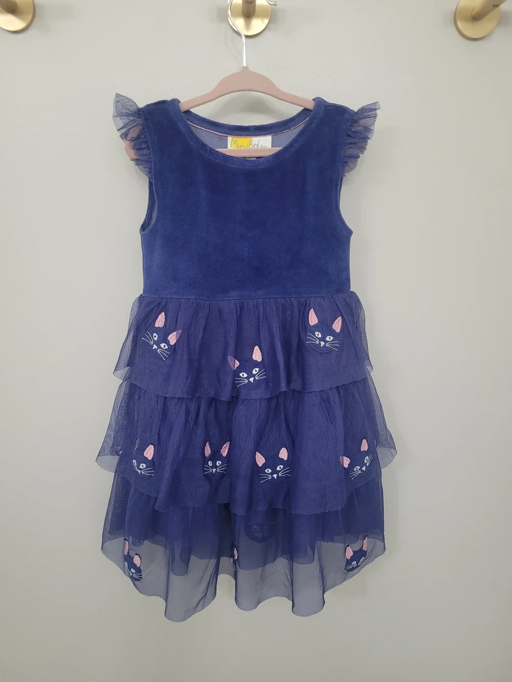 Mini Boden Navy Tiered Tulle Dress with Cat Appliqués